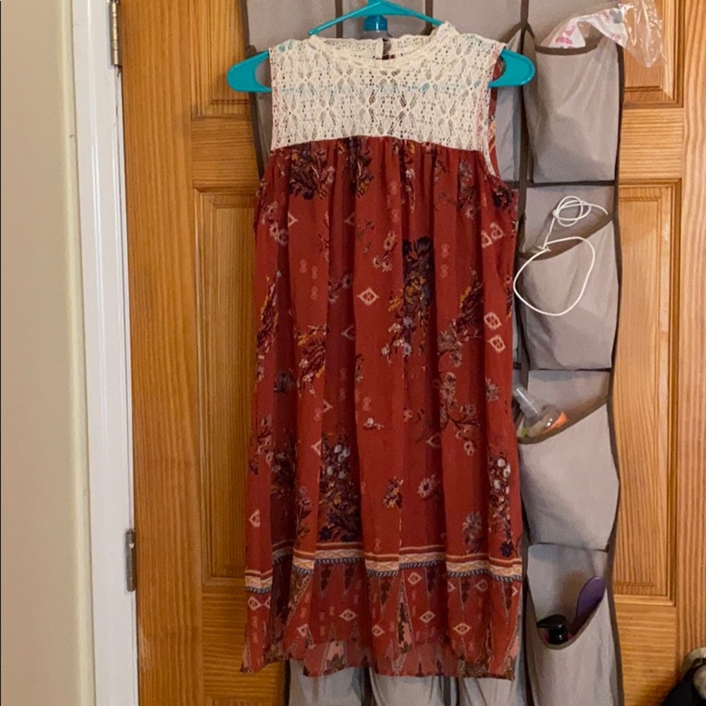 Orange floral dress, knit neck